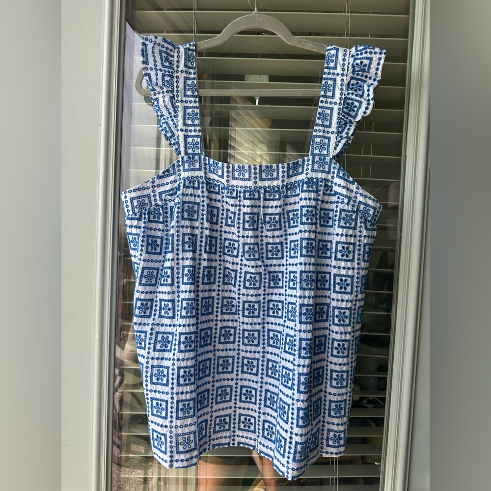 Next Embroidered Eyelet Blue White Ruffled Tank Top - Picture 7 of 12